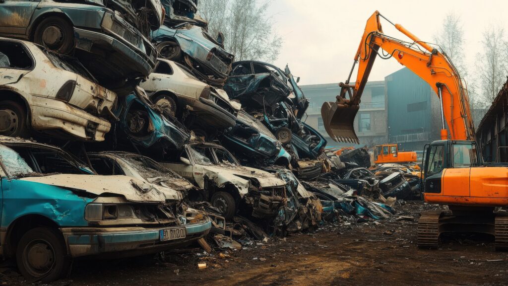 Bagger auf einem Schrottplatz, der beschädigte Autos recycelt