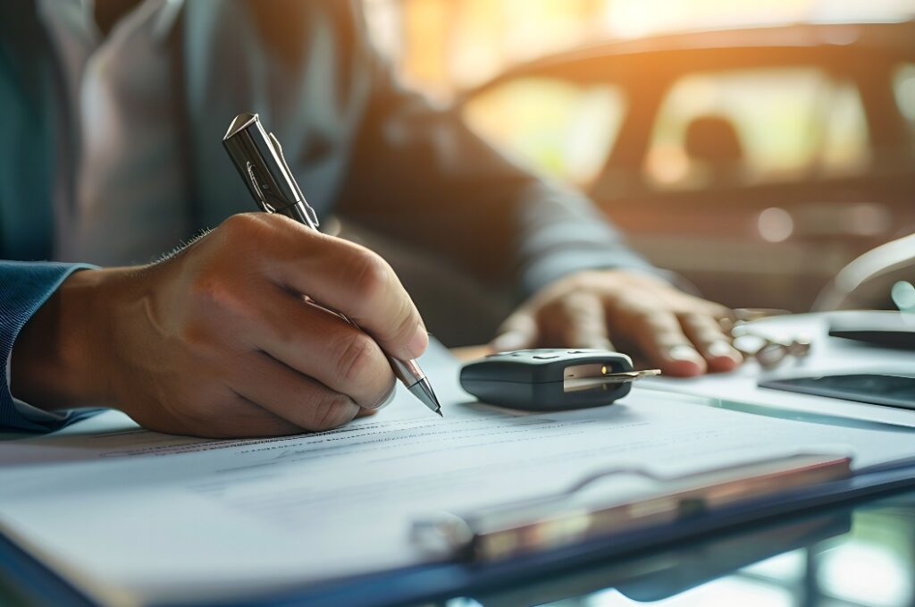Mann beim Unterschreiben einer Kfz-Versicherung in Köln