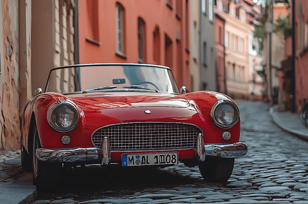 Ein rotes klassisches Cabriolet ist auf einer schmalen europäischen Kopfsteinpflasterstraße geparkt.